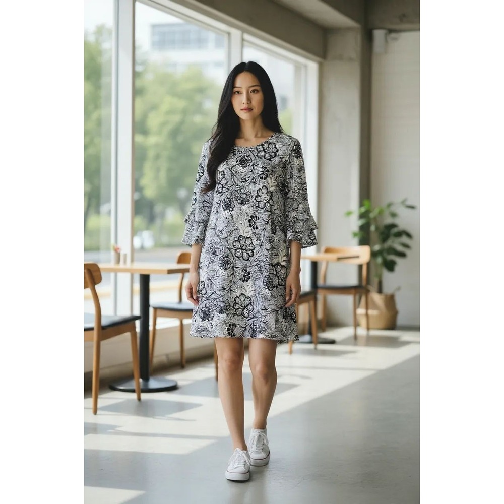 Ruby Rd. Petite PXL Black White‎ Floral Shift Dress Ruffle Cuff 3/4 Sleeve Knit